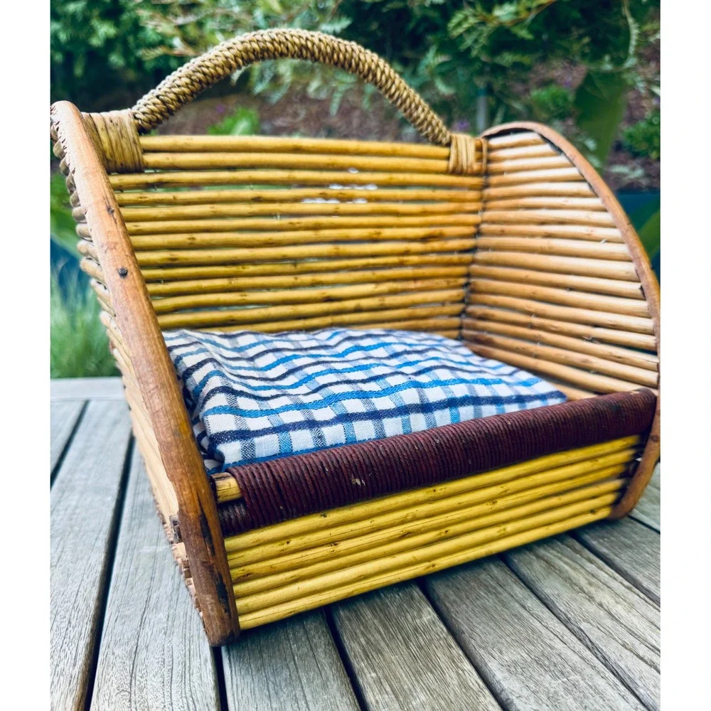 Vintage Rattan Wall Pocket Basket, Bamboo Magazine and Mail Organizer 12x10 x 6